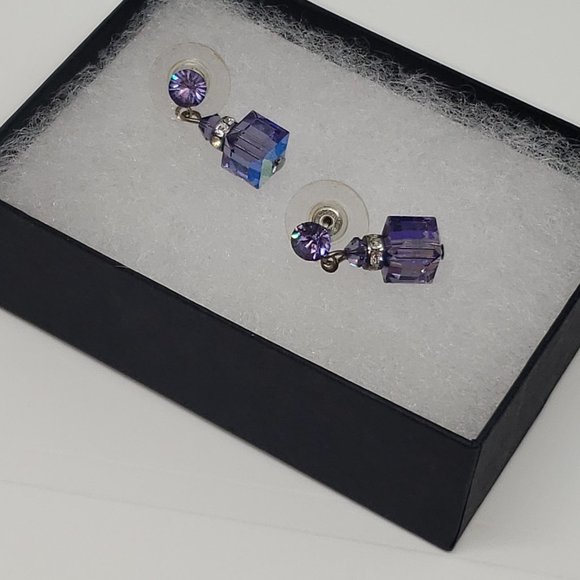 Purple & Clear Cube Dangle/Drop Stud Earrings - Picture 4 of 12